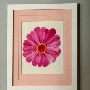 Original zinnia watercolor painting in White Frame with double mat.